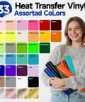 Woman holding vibrant 33 sheets 12x12 inch heat transfer vinyl kit with assorted colors for T shirts, hoodies, bags, and pillows.