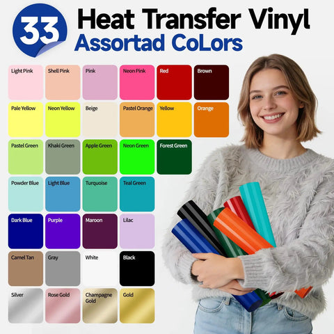 Woman holding vibrant 33 sheets 12x12 inch heat transfer vinyl kit with assorted colors for T shirts, hoodies, bags, and pillows.