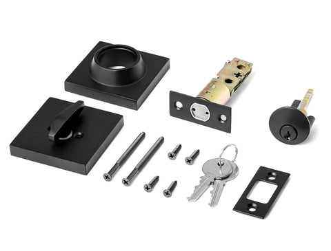 Components of Single Cylinder Deadbolt Lock Slim Square For Front Door Built Tough High Security Heavy Duty in Iron Black Finish.