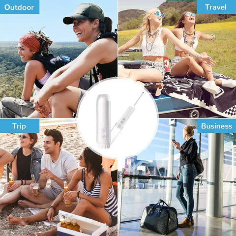 Portable Travel Electric Bidet Bottle Sprayer featured in various outdoor and travel settings with two speed modes and adjustable nozzle.
