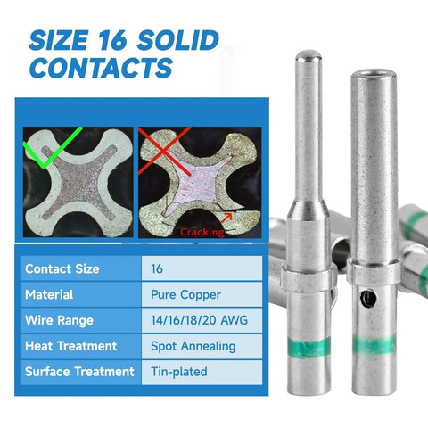 Diagram of size 16 solid contacts, pure copper material, part of 371 Piece Deutsch DT Connector Kit with Waterproof Automotive Electrical Connectors 2 To 12 Pin Includes Crimping Tool Removal Tool Wedge Locks And 16 Gauge Solid Contacts.