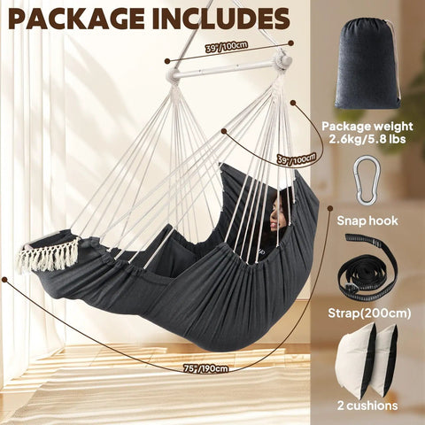 Hammock Chair With Foot Rest And Cushions For Ultra Cozy Comfort Supports Up To 500 Pounds Collapsible Spreader Bar Easy Storage Soft Cotton Swing Seat Durable Straps And Carabiner Side Pocket For Phone Or Keys showing package includes dimensions and items.