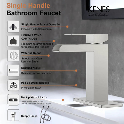 Waterfall Style Bathroom Sink Faucet With Brushed Nickel Finish, Single Handle Control, Pop Up Drain Stopper, Modern Design