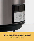 Close-up of the 8-Quart Go-To Programmable Slow Cooker With Auto Warm, Digital Timer, and Easy Cleanup in black stainless steel control panel.