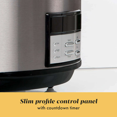 Close-up of the 8-Quart Go-To Programmable Slow Cooker With Auto Warm, Digital Timer, and Easy Cleanup in black stainless steel control panel.