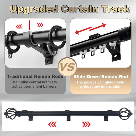 Heavy Duty Aluminum Curtain Track System, Wall Mounted With Quiet Glide, Roman Rod Style Rail For Living Room, Bedroom, And Room Divider, Black Finish, 12ft Length, Smooth Sliding Curtains, Built To Last For Silent Operation, wall brackets shown