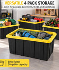 Heavy Duty 38 Gallon Storage Totes With Secure Snap On Lids 4 Pack Stackable Plastic Bins in use for organizing tools and gear.