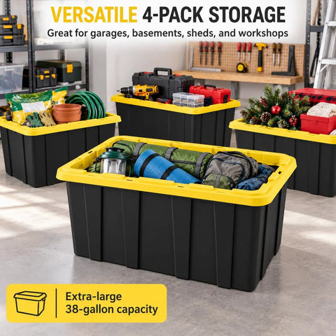 Heavy Duty 38 Gallon Storage Totes With Secure Snap On Lids 4 Pack Stackable Plastic Bins in use for organizing tools and gear.
