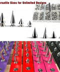 Knockout Punk Rock Spikes And Studs Kit With 364 Pieces For Leather Jackets, Belts, Bags, And Boots, Includes Punch And Screwdriver For Hella Sick Mods, showing various spike sizes.