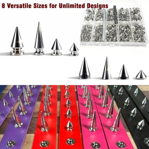 Knockout Punk Rock Spikes And Studs Kit With 364 Pieces For Leather Jackets, Belts, Bags, And Boots, Includes Punch And Screwdriver For Hella Sick Mods, showing various spike sizes.