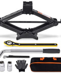Scissor car jack kit with 2-ton capacity, yellow and black ratchet handle, chrome lug wrench, sockets, gloves, and carry bag.