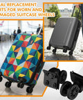 Four Pcs Luggage Wheel Replacement Set With Two Left And Two Right Caster Wheels Includes Screws And Screwdriver For Suitcase Repair Quiet Bearing Spinner Wheels For Smooth Rolling And Durable Travel Luggage Maintenance shown with colorful and black suitcase examples