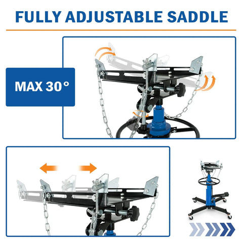 Kaflla High Lift Hydraulic Transmission Jack 1660 Lb With Foot Pedal showing fully adjustable saddle with max 30 degree angle.