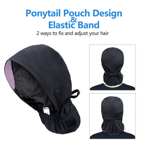 Adjustable Satin Lined Working Cap With Button, Cotton Sweatband Hat, Elastic Tie Back For Women And Men, Ponytail Pouch