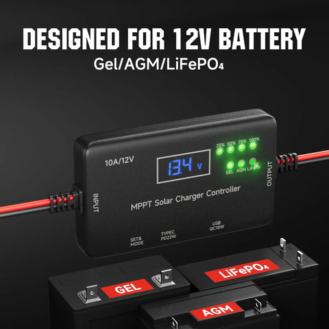 Close-up of 12V 10A Solar Charge Controller MPPT with Type-C and USB output for Gel, AGM, LiFePO4 batteries.
