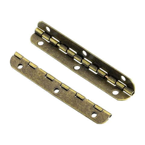 Heavy Duty Metal Piano Hinges Sleek Bronze Finish 90 Degree Long Folding Box Hardware With Screws For Shop Builds And Furniture Fixups; close-up view of steel hinges.