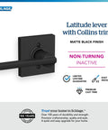 Latitude Lever With Collins Trim Non Turning Dummy Door Handle Dope Matte Black For Right Or Left Swing Doors Surface Mounted