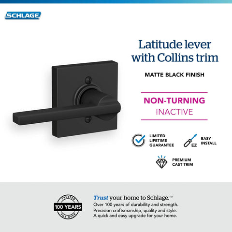 Latitude Lever With Collins Trim Non Turning Dummy Door Handle Dope Matte Black For Right Or Left Swing Doors Surface Mounted