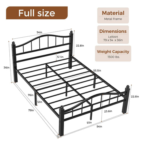 Rock Solid Full Size Metal Bed Frame With Headboard Heavy Duty Steel squeak free design showing dimensions and weight capacity of 1500 lbs.