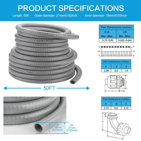 1/2 Inch Flexible PVC Liquid Tight Electrical Conduit Kit 50 Feet Non Metallic Flexible Conduit Coil with Size Specifications