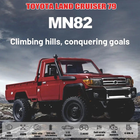 1:12 Scale MN82 LC79 Land Cruiser RC Crawler With Lights, 4WD Rock Truck on rocky terrain