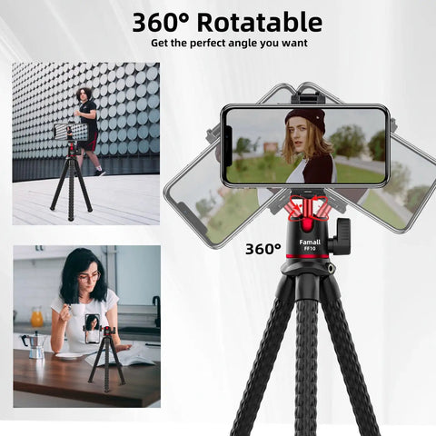 All In One Portable Camera Tripod And Flexible Phone Stand With Cold Shoe Mount For iPhone displayed in outdoor and indoor settings