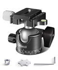 Low Profile Camera Tripod Ball Head for Arca Compatible Plate 38mm Panorama Head With Three Eighths Inch Bottom Thread And One Quarter Inch Screw Adapter, Heavy Duty Load Up To Thirty Three Pounds, Fits Tripod Monopod Slider DSLR Camcorder, shown with accessories.