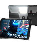 Badass Rugged 5G Tablet Packing Built In Projector And Smooth Android 15 Operating System with illuminated back, showing 5G and specs.