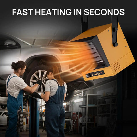 Next Level 10,000W Electric Garage Heater with 240V hardwired setup installed in garage, heating car workspace.