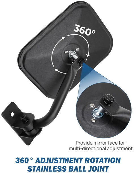 Doors Off Side View Mirror Kit For Wrangler TJ JK JKU 1997 2018 featuring 360° rotatable ball joint for adjustable angle.