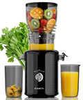 Kiamith 300W Cold Press Juicer With Huge 5.8 Inch Wide Feed Chute For Whole Produce featuring fruits and celery, with juice in glasses.