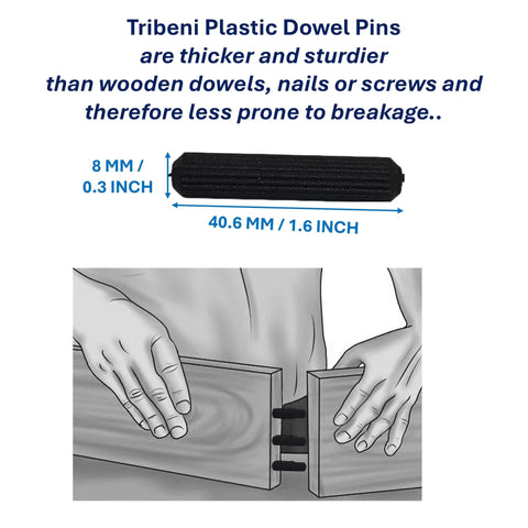 Illustration of Premium PVC Dowel Pins for Woodworking and Furniture Repairs, 40MM length and 8MM diameter in use.