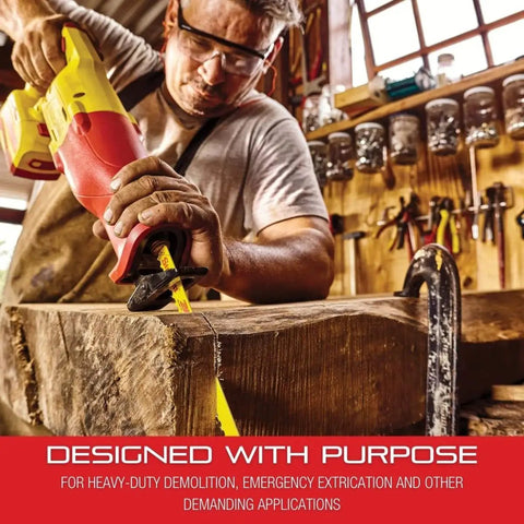 Person using Beefy King Cut Bi-Metal Reciprocating Saw Blade for fire rescue and demolition in a workshop.