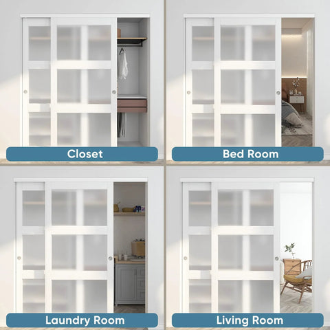 Sliding Closet Door Set 72 Inch High By 80 Inch Wide Double 37 Inch Panels With Three Lite Frosted Glass Bypass Design in various rooms