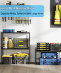 Expandable 110 Lbs Heavy Duty Metal Shelving Unit For Pots N Pans, Microwave And Small Appliances, filled with tools in garage.