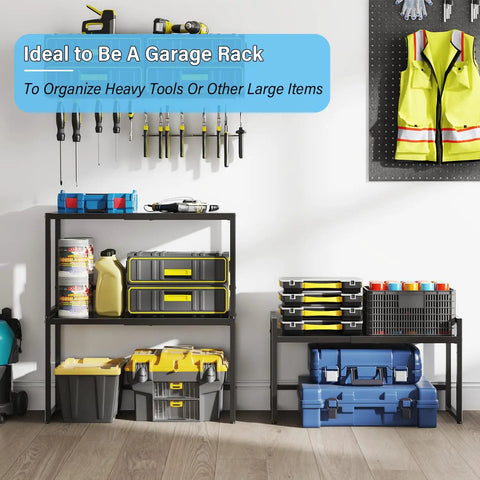 Expandable 110 Lbs Heavy Duty Metal Shelving Unit For Pots N Pans, Microwave And Small Appliances, filled with tools in garage.