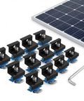 12 Pack Black Aluminum Solar Panel End Clamps For Standard Unistrut 30mm And 35mm Mounting Brackets With Hardware For Metal Tin Flat And Sheet Roof Solar Installation, with hex key and solar panel in background