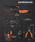 All In One Fishing Tool Set With Corrosion Resistant Pliers Fillet Knife Scissors Lip Gripper And Multi Functional Jaw displayed with dimensions.