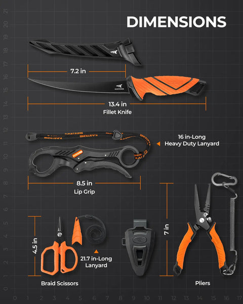 All In One Fishing Tool Set With Corrosion Resistant Pliers Fillet Knife Scissors Lip Gripper And Multi Functional Jaw displayed with dimensions.