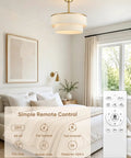 Boho Fandelier Ceiling Fan with Light, Gold Chandelier Fan and Remote in a bright bedroom setting with remote control.