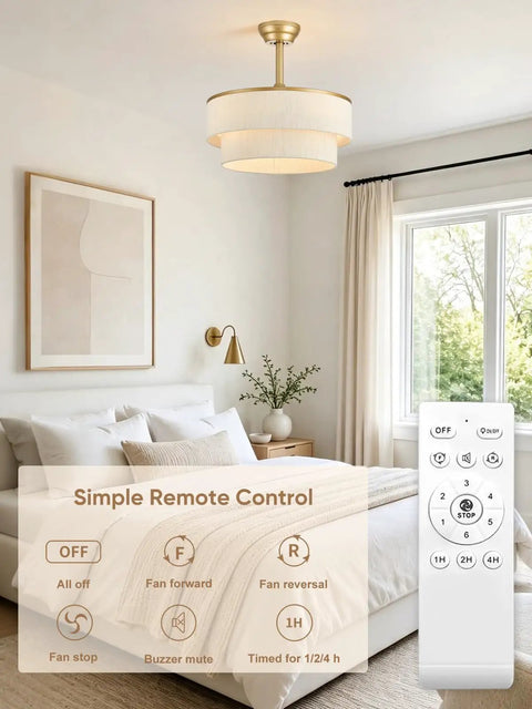 Boho Fandelier Ceiling Fan with Light, Gold Chandelier Fan and Remote in a bright bedroom setting with remote control.