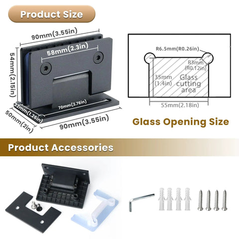 Heavy Duty Stainless Steel Shower Door Hinges For Frameless Glass Bathroom Walls With 90 Degree Swivel Design Rock Solid Operation Matte Black Finish Replacement Parts Pack Of Two product size and accessories diagram.