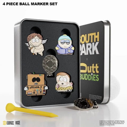 Cartman Golf Ball Marker Four Pack With Magnetic Clips Collectible South Park Golf Gift Set in open tin case showing markers