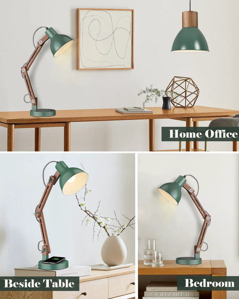 Dope LED Desk Lamp With Wireless Charger And USB C Port Sapele Wood Swing Arm Reading Light for office, bedroom, bedside use.