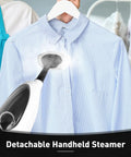 Heavy Hitting 10 In 1 Steam Mop With Detachable Handheld Unit And 3 Reusable Microfiber Pads steaming a blue striped shirt.