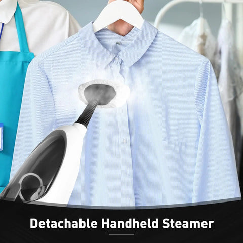 Heavy Hitting 10 In 1 Steam Mop With Detachable Handheld Unit And 3 Reusable Microfiber Pads steaming a blue striped shirt.