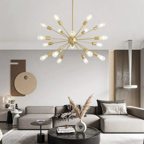 Sputnik Style Dope 15 Light Modern Ceiling Fixture Gleaming Gold Finish Semi Flush Mount Chandelier in a living room