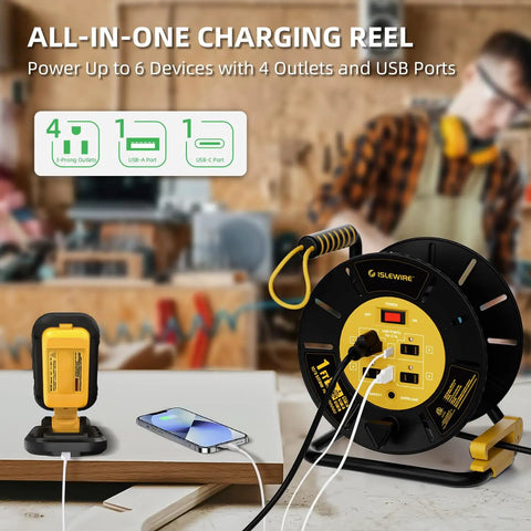 Open Cord Reel Organizer With Four Grounded Outlets And Dual USB Ports For Charging Up To Six Devices, yellow, in workshop setting.