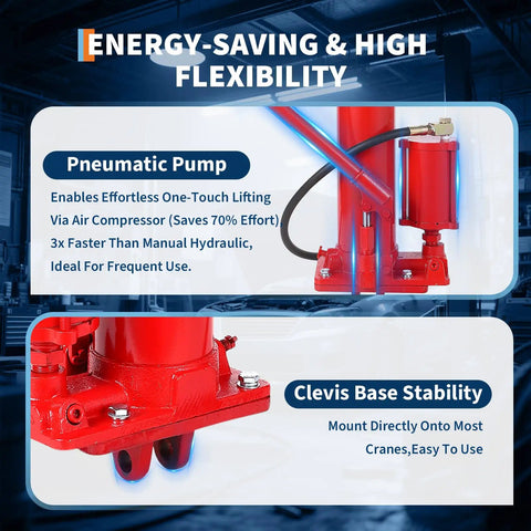 Rugged Pro 8 Ton Hydraulic Long Ram Jack For Engine Hoists Combining Air Compressor Force With Manual Pump Precision Fine Adjustment Shop Ready Heavy Lifter