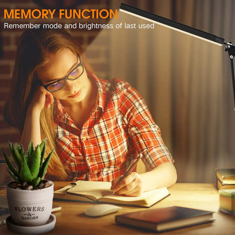 LED Desk Lamp With Swing Arm Clamp, 14W Eye Care Lighting, illuminating workspace with memory function in use